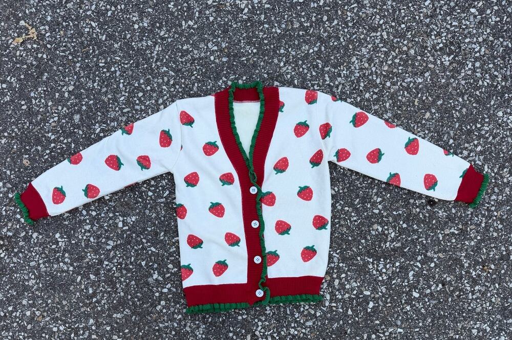 Girls Strawberry Cardigan Sweater Red White Green Ruffle Size M 8 10